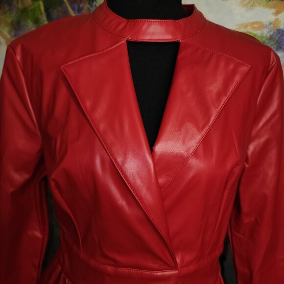 StyleWe Red Faux Leather Long Sleeve Midi Dress With Keyhole Neckline - Picture 3 of 10